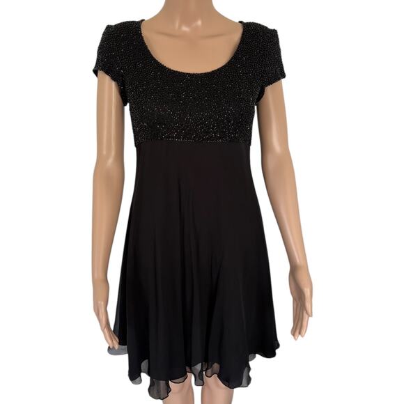 Cache Vintage Y2K Black Silk Beaded Babydoll Mini Dress 6 Holiday Party Cocktail - Picture 3 of 7